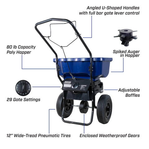 All Season Workhorse Salt And Ice Melt Spreader, 80 lb capacity, walk behind model showing spiked auger and adjustable baffles