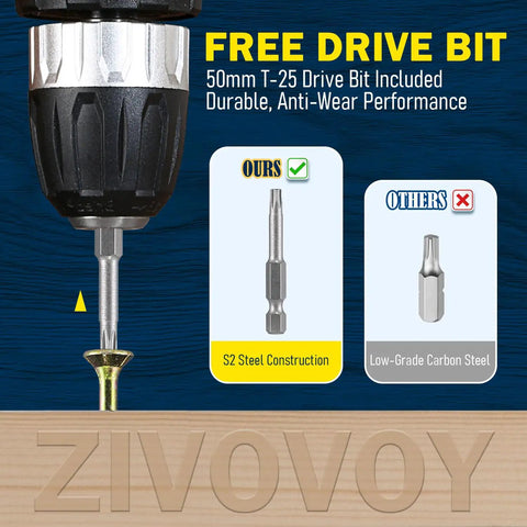 Heavy Duty Yellow Zinc Plated Deck Screws Number 10 By 2 1/2 Inch With Torx Star Drive showing free T-25 drive bit included.