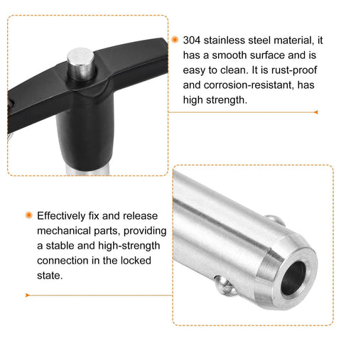 Close-up of 304 stainless steel T Handle Quick Release Pin One Half Inch By Three Point One Five Inch, showing material details.