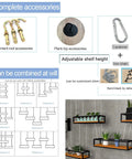 Retro American Wrought Iron And Wood Floating Shelf Ceiling Rack accessories and design variations shown.
