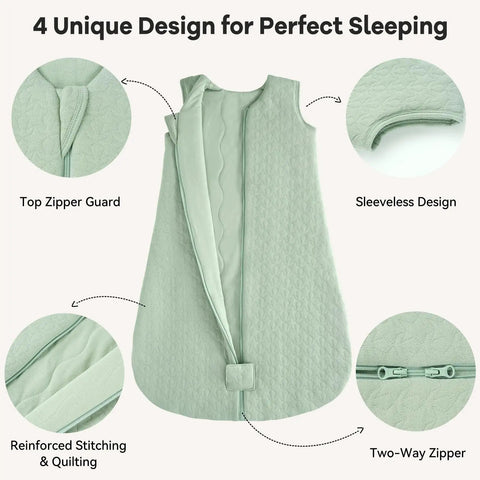 Cozy Six To Twelve Month Winter Sleep Sack With Two Point Five TOG One Hundred Percent Cotton Wearable Baby Blanket showing features