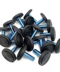 20 Pack Adjustable Furniture Leveling Feet With M8 Threaded Screws Black Rubber Base Anti Scratch Non Slip Grips For Tables Couches Beds Rock Solid Zero Wobble Setup, top view of black rubber feet with blue metal screws.