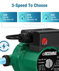 On Demand Hot Water Recirculating Pump 93W 110V with three speed control and durable cast iron head shown with water flow illustration.