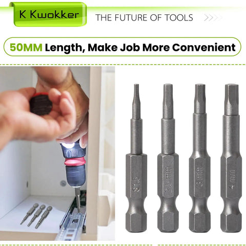 Four 50mm screwdriver bits with hex shank and visible size markings, shown beside a person using a power tool in a drawer.