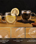 Six Pack Double Wall Insulated Espresso Cups With Handles Clear Borosilicate Glass Shot Glasses Heat Resistant Lead Free And BPA Free Small Espresso Mugs With Lemon and Coffee
