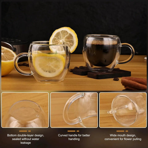 Six Pack Double Wall Insulated Espresso Cups With Handles Clear Borosilicate Glass Shot Glasses Heat Resistant Lead Free And BPA Free Small Espresso Mugs With Lemon and Coffee