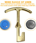 Water Meter Key And Lid Opening Tool For Valve Box 5.5 Inch Length Heavy Duty Metal T Wrench Hook To Access Main Valve And Turn Off Water Fits Water Meter Boxes Model M07001 in brass finish.