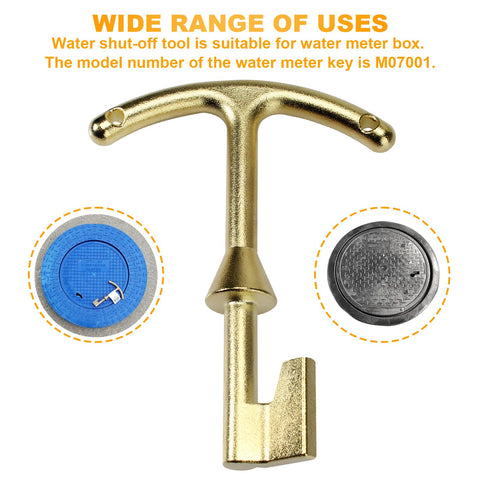 Water Meter Key And Lid Opening Tool For Valve Box 5.5 Inch Length Heavy Duty Metal T Wrench Hook To Access Main Valve And Turn Off Water Fits Water Meter Boxes Model M07001 in brass finish.
