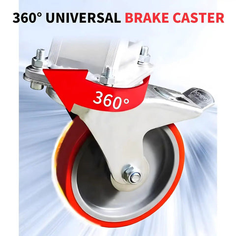 360° universal brake caster designed for smooth, agile movement, featuring a durable aluminum body and bright red wheel.