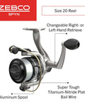 Spyn Spinning Fishing Reel Size 20 with aluminum spool and titanium nitride bail wire, right or left-hand retrieve.