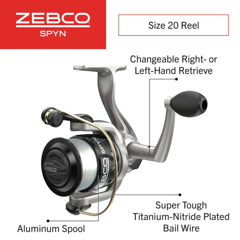 Spyn Spinning Fishing Reel Size 20 with aluminum spool and titanium nitride bail wire, right or left-hand retrieve.