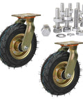 Bulletproof Rubber Caster Wheels For Yard Cart Trolley 2 Pack Swivel And Brake Casters with stainless steel bolts and heavy-duty tires.