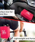 Compact Grab and Go First Aid Kit With Rapid Response Labeled Compartments, shown in red, fits in car glove box and on a bicycle frame.