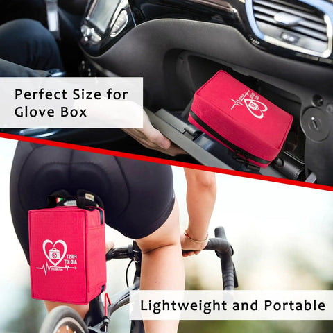 Compact Grab and Go First Aid Kit With Rapid Response Labeled Compartments, shown in red, fits in car glove box and on a bicycle frame.
