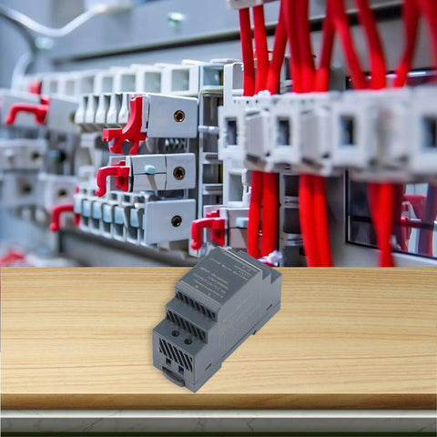 Rail Mounted Switching Power Supply Delivering Knockout DC Stability With A Beefy Smart IC Chip And Copper Transformer on a wooden surface, next to a breaker box.
