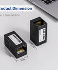 Female to Female RJ45 Ethernet Coupler Extender for Cat7 Cat6 Cat5e Cat5 Cables, black, with dimensions shown next to laptop.