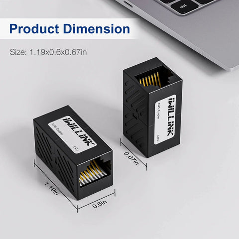Female to Female RJ45 Ethernet Coupler Extender for Cat7 Cat6 Cat5e Cat5 Cables, black, with dimensions shown next to laptop.