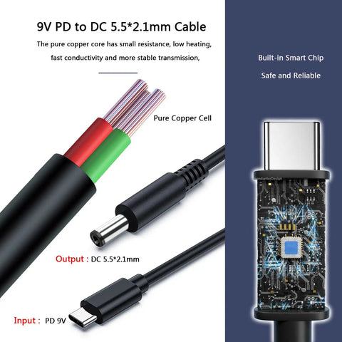 Type C To DC 9V PD Fast Charging Cable With 0 To 3A Output for Arduino Uno R3 Mega Compatible Boards, showing cable design