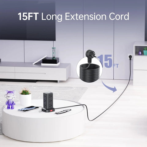 16 In 1 Tower Power Strip With USB Charging, 12 AC Outlets And 4 Smart USB Ports Including USB C, 15 Ft Long Power Hub For Home, Dorm, And Office, Overload Protection, Keeps Your Devices Powered And Organized. 15 ft cord shown in living room