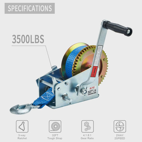 Heavy Duty 3500 Lbs Boat Trailer Winch With 32 Foot Strap, Hand Winch, 2 Way 2 Speed Gear Ratio 4 To 1 Or 8 To 1