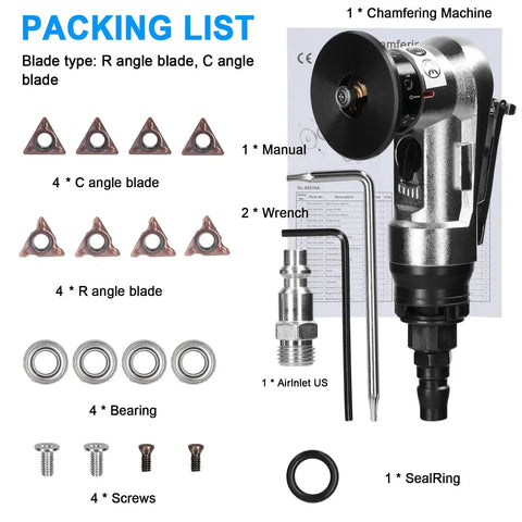 Handheld Pneumatic Chamfering Tool For Metal showing packing list with various blades, wrenches, and accessories for corner deburring.