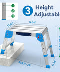 Built Tough Heavy Duty Work Platform With One-Touch Folding, 440 Lb Capacity, 3 Adjustable Heights From 11.82 To 15.75 Inches, Non-Slip Feet, Textured Surface, Blue Utility Ladder For Home Or Shop showing 3 height settings and dimensions