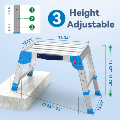 Built Tough Heavy Duty Work Platform With One-Touch Folding, 440 Lb Capacity, 3 Adjustable Heights From 11.82 To 15.75 Inches, Non-Slip Feet, Textured Surface, Blue Utility Ladder For Home Or Shop showing 3 height settings and dimensions
