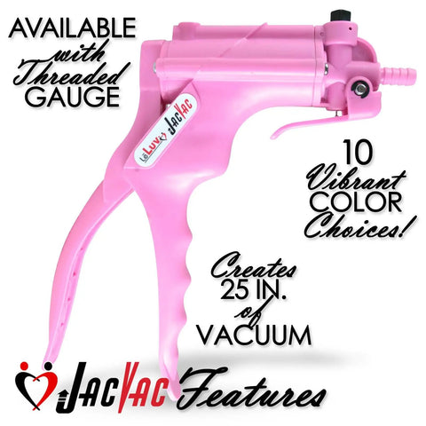 Pink hand-operated vacuum pump with threaded gauge, features up to 25 inHg vacuum, shown in vibrant color, JacVac branding visible.