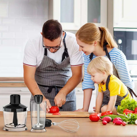Family cooking together with Game Changing 1000 Watt Immersion Blender Featuring 12 Speed Settings And Premium Stainless Steel Blades.