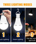 Three lighting modes for Go-To Rechargeable A19 LED Bulbs with 12W power backup, 1200mAh battery, E26 E27 socket, 5000K daylight
