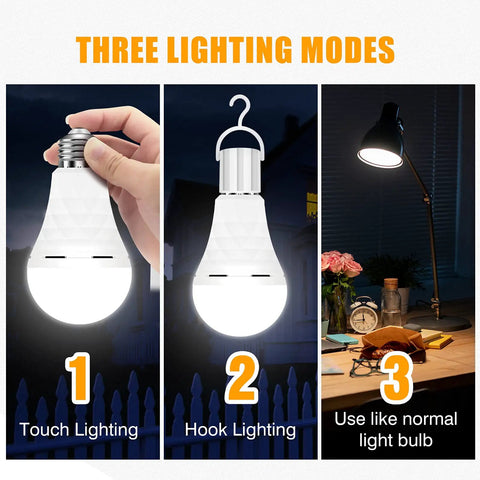 Three lighting modes for Go-To Rechargeable A19 LED Bulbs with 12W power backup, 1200mAh battery, E26 E27 socket, 5000K daylight