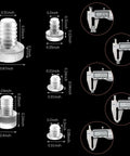 Straight Up Solid Protection No Hassle Install Premium Rubber Table Feet Bumpers assorted clear sizes shown with measurements.
