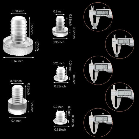 Straight Up Solid Protection No Hassle Install Premium Rubber Table Feet Bumpers assorted clear sizes shown with measurements.