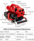 Tough As Nails Pro Grade Hot Wedge Plastic Welder For Pond Liners And HDPE Geomembrane Sealing With 1100W Crawling Rig showing features and controls.