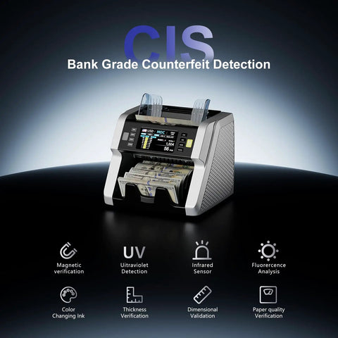 Mixed Denomination Money Counter With Supports 120 Currency Programs And Touch Screen, showing counterfeit detection features