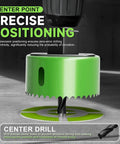 Close-up of All In One 27 Piece Hole Saw Set Kit with green high carbon steel blade for precise drilling in drywall.