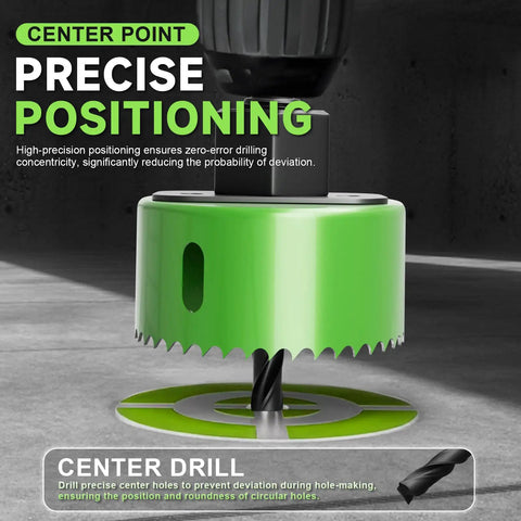 Close-up of All In One 27 Piece Hole Saw Set Kit with green high carbon steel blade for precise drilling in drywall.