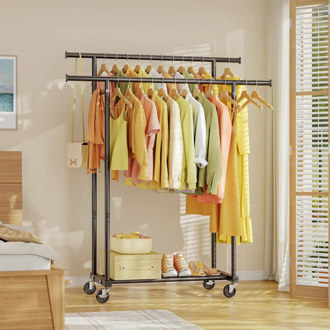 Straight Up Solid Double Rod Clothes Rack That Rolls Buttery Smooth Hang Tops Bottoms Bags Easily Metal Wardrobe Stand Total Game Changer For Bedroom Storage Or Closet Organizers Black
