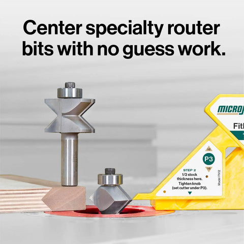 FitFinder One Half Gauge And Matchfit Dado Stop Pro Kit Bundle showing center point finder and router bits in use.