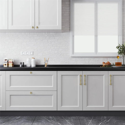 Modern kitchen with Premium Brass Cabinet Pull And Drawer Knob Set With Modern Grooved Base Design in antique brass finish.