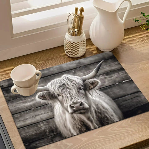 Absorbent Coffee Machine Mat for Kitchen Countertop 11.8 by 17.7 Inches with cow design on wood surface
