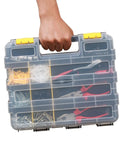 Person holding Dual Sided Tool Organizer Case With Impact Resistant Plastic 34 Compartment Hardware Box containing tools and screws.