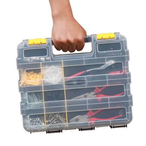 Person holding Dual Sided Tool Organizer Case With Impact Resistant Plastic 34 Compartment Hardware Box containing tools and screws.