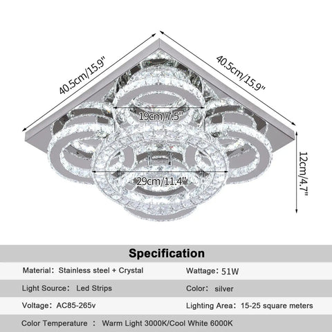 Dope Crystal LED Chandelier Lighting With Three Color Dimmable Ceiling Mount Fixture Featuring K9 Crystals Square Flush Mount