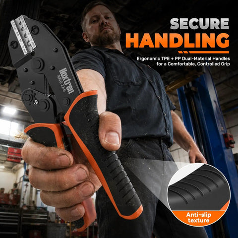 Built Tough Ratcheting Crimp Tool For AWG 22 To 6 Non Insulated Butt Ring Fork Spade Terminals featuring ergonomic dual-material handles.
