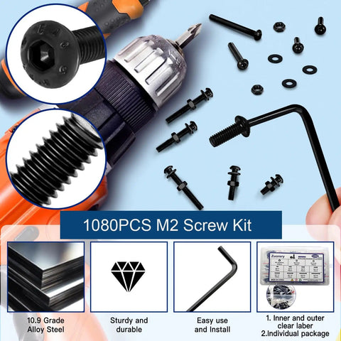 1080 Piece M2 Screw Kit With Eight Lengths M2x4mm, M2x6mm, M2x8mm, M2x10mm, M2x12mm, M2x16mm, M2x20mm, M2x25mm, 10.9 Grade Alloy Steel Hex Button Head Screws, Nuts, Washers And Wrenches For 3D Printing And DIY Projects
