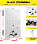 Diagram showing Propane Tankless Water Heater 4.74 GPM 18L Outdoor Portable Gas Hot Water Heater with controls and specifications