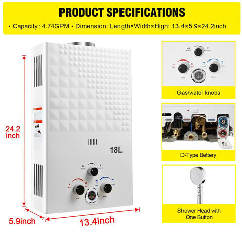 Diagram showing Propane Tankless Water Heater 4.74 GPM 18L Outdoor Portable Gas Hot Water Heater with controls and specifications