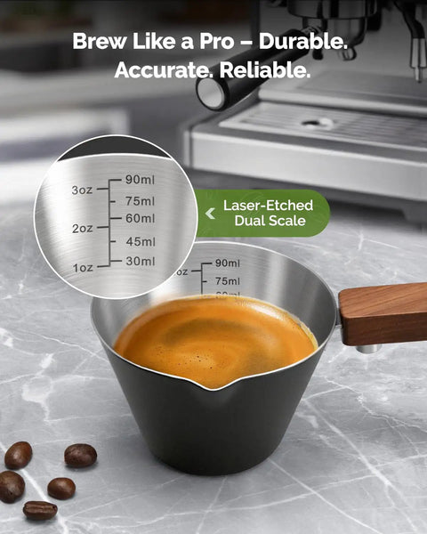 Stainless Steel Espresso Measuring Cup With Wide Mouth And V Shaped Pour Spout, Easy Grip Handle, Built In Scale For Latte Cappuccino Americano Macchiato, Pro Grade For Home Baristas Black