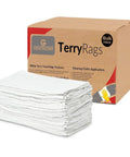 White Cotton Shop Towels Value Pack 60 Pcs 13x13 Inch Shop Rags In A Box for auto shops industry and commercial use displayed.